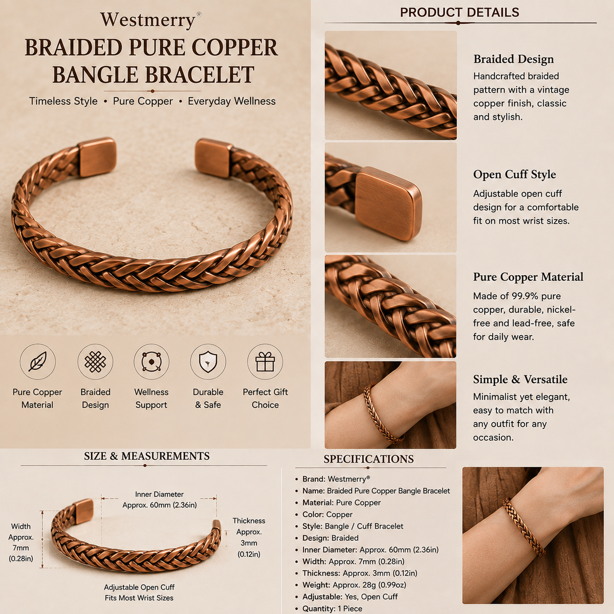 Westmerry® Braided Pure Copper Bangle Bracelet