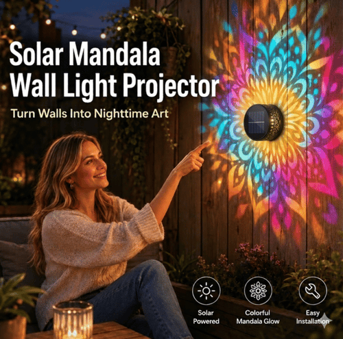 Solar Mandala Wall Light Outdoor Garden Fence Projector Lamp Patio Ambient Decor