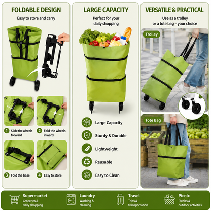 🛒 New Foldable Shopping Trolley – Waterproof, Sturdy & 2-in-1 Carry Bag Design!