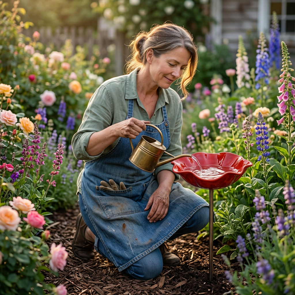 Hand-Formed Poppy Bird Bath Garden Stake